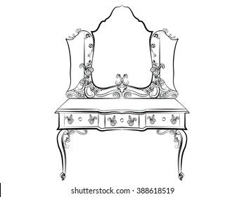 Baroque Imperial luxury style furniture. Dressing table and mirror set with luxurious rich ornaments. Vector sketch