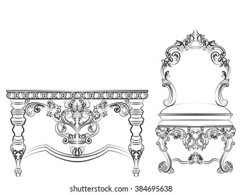 Baroque Imperial style furniture. Wood table and chair set with luxurious ornaments. Vector sketch