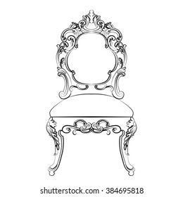 Baroque Imperial style furniture. Wood table and chair set with luxurious ornaments. Vector sketch