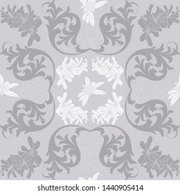 Baroque inspired foliage motifs and flourish in combination with berries in gentile white and grey colour on paster purple grey neutral background. Sprayed effects.Seamless vector pattern. 