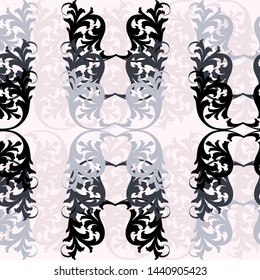 Baroque inspired foliage motifs and flourish in black, grey and neutral shades of light grey purple and pink on white background. 
