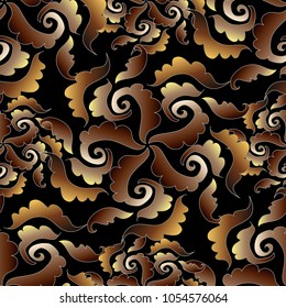 Baroque intricate seamless pattern. Dark vector floral background with hand drawn gold 3d scroll leaves and antique victorian baroque style ornaments. Autumn motif. Abstract design. Surface texture