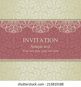Baroque invitation card in old-fashioned style, pink and beige
