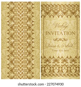Baroque invitation card in old-fashioned style, gold and beige
