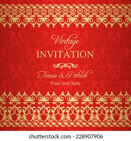 Baroque invitation card in old-fashioned style, gold and red