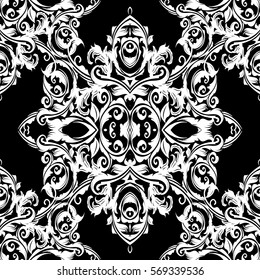 Baroque isolated seamless pattern.Antique vintage white ornaments.Ornate medieval black background.Scroll leaves.Luxury damask illustration. Floral elegant vector fabric  texture 