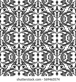 Baroque isolated seamless pattern.Antique vintage black damask ornaments.Ornate medieval white background.Scroll leaves.Luxury ornamental wallpaper  illustration. Floral elegant vector fabric texture 