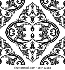 Baroque isolated seamless pattern.Antique vintage black damask ornaments.Ornate medieval white background.Scroll leaves.Luxury ornamental  illustration. Floral elegant vector  fabric  texture 