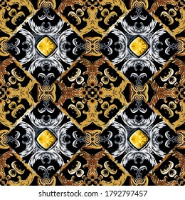 Baroque jewelry seamless pattern. Black vector damask background wallpaper with vintage gold silver flowers, scroll leaves, diamond gem stones. Ornate beautiful ornament. Luxury modern elegant design.