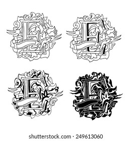 Baroque letters of the alphabet in upper case letters on a white background. Letter E. Vector illustration