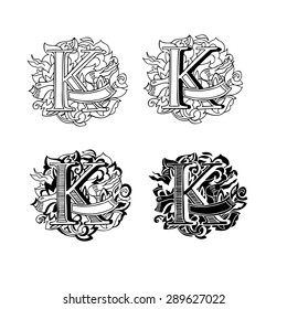 Baroque letters of the alphabet in upper case letters on a white background. Letter K. Vector illustration