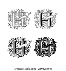 Baroque letters of the alphabet in upper case letters on a white background. Letter H. Vector illustration
