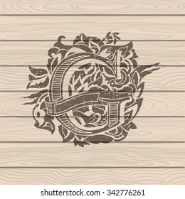 Baroque letters of the alphabet in upper case letters on wooden background. Letter G. Vector illustration