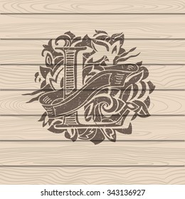 Baroque letters of the alphabet in upper case letters on wooden background. Letter L. Vector illustration
