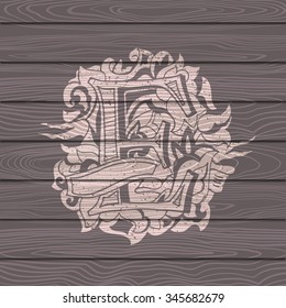 Baroque letters of the alphabet in upper case letters on wooden background. Letter E. Vector illustration