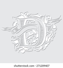 Baroque letters with shadow of the alphabet in upper case letters on a white background. Letter D . Vector illustration