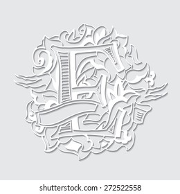 Baroque letters with shadow of the alphabet in upper case letters. Letter E. Vector illustration
