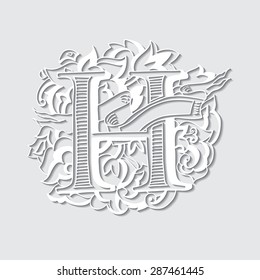 Baroque letters with shadow of the alphabet in upper case letters on a white background. Letter H. Vector illustration