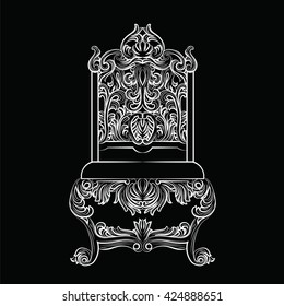 Baroque luxury style furniture. Chair throne with luxurious rich ornaments. French Luxury rich carved ornaments furniture. Vector Victorian exquisite Style furniture. Vector sketch on black background