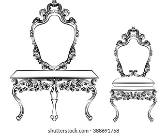 Baroque luxury style furniture. Dressing table with mirror and chair set with luxurious rich ornaments. Vector sketch