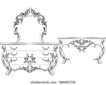 Baroque Luxury style furniture. Elegant table set with rich ornaments. Vector sketch