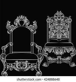 Baroque luxury style furniture set. Chair throne luxurious rich ornaments. French Luxury rich carved ornaments furniture. Vector Victorian exquisite Style furniture. Vector sketch on black background