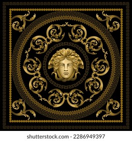 Baroque mandala concept. Golden abstract patterns and leaves. Chains and head at black background. Luxury and wealth, vintage and antique style. Realistic 3D vector illustration