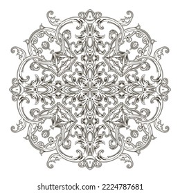 Patrón de mandala barroca. Fondo Damasco floral blanco y negro con flores de líneas vintage, hojas de desplazamiento. Ornamento negro antiguo de estilo barroco victoriano. Diseño de mandala ornalada aislada en blanco.