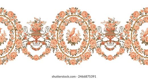 Baroque motif with frame of roses and bird, vector, seamless border