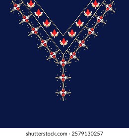 Baroque necklace style, neckline, clothing, and gold and red ornamental necklace on a blue background. Vector illustration for your design