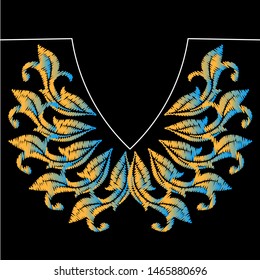 Baroque neckline embroidery pattern. Vector hatching grunge texture. Colorful tapestry vintage flowers. Antique Baroque style floral ornaments. Embroidered ornate design. Embroidery neckline fashion. 