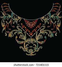 Baroque neckline vintage floral embroidery pattern. Vector hatching grunge texture. Colorful tapestry flowers. Antique embroidery ornaments. Embroidered design. Embroidery template.Baroque pattern.