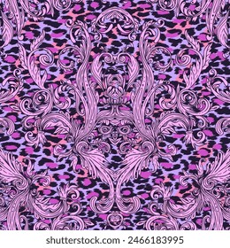 Baroque neon colored seamless pattern over leopard or cheetah skin titled background, fancy animal fur and glamorous elements, vector illustration. Luxury concept.