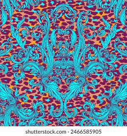 Baroque neon colored seamless pattern over leopard or cheetah skin titled background, fancy animal fur and glamorous elements, vector illustration. Luxury concept.