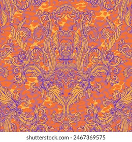 Baroque neon colored seamless pattern over leopard or cheetah skin titled background, fancy animal fur and glamorous elements, vector illustration. Luxury concept.