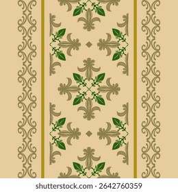 Baroque Oasis Ancient Inspired Filigree Scroll Ornament with Deep Green Lusty Gold on Tan Beige Background. Royal Luxury Summer Renaissance Cross Florals Element for Apparel Scarf Tiles Border Pattern