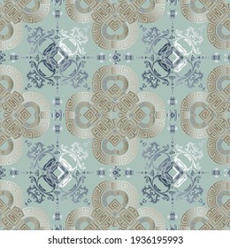 Baroque old style seamless pattern. Floral ornamental background. Repeat vector greek backdrop. Geometric ornament with vintage flowers, leaves, meanders, mazes, shapes. Modern ornate luxury design.