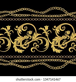 Baroque ornament and chains on a black background. Golden leaves and flowers. Vector print.