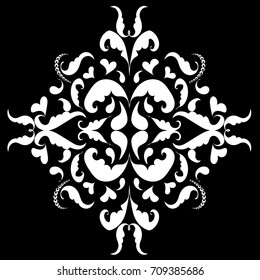 Baroque ornament. Damask floral pattern. Black background with white hand drawn antique swirl scroll leaves and flowers. Isolated vector texture.