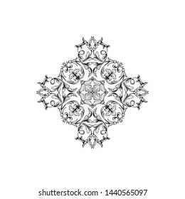 Baroque ornament with filigree in vector format for design frame, pattern. Vintage hand drawn victorian or damask floral element. Black and white engraved ink art.