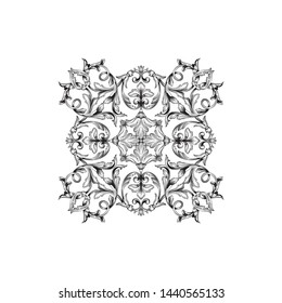 Baroque ornament with filigree in vector format for design frame, pattern. Vintage hand drawn victorian or damask floral element. Black and white engraved ink art.