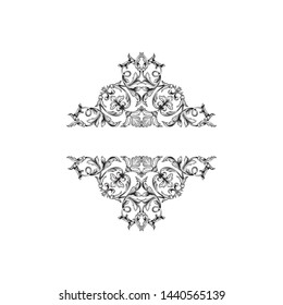 Baroque ornament with filigree in vector format for design frame, pattern. Vintage hand drawn victorian or damask floral element. Black and white engraved ink art.