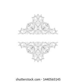 Baroque ornament with filigree in vector format for design frame, pattern. Vintage hand drawn victorian or damask floral element. Black and white engraved ink art.