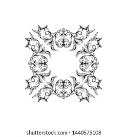 Baroque ornament with filigree in vector format for design frame, pattern. Vintage hand drawn victorian or damask floral element. Black and white engraved ink art.