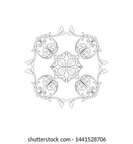 Baroque ornament with filigree in vector format for design frame, pattern. Vintage hand drawn victorian or damask floral element. Black and white engraved ink art.