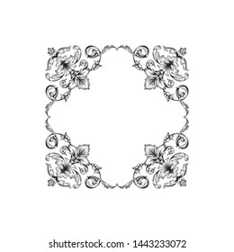 Baroque ornament with filigree in vector format for design frame, pattern. Vintage hand drawn victorian or damask floral element. Black and white engraved ink art.  Template for foil quill.