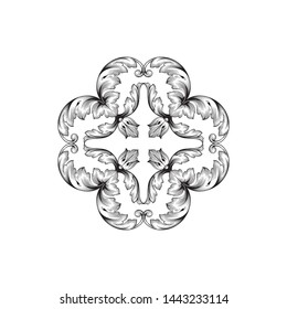 Baroque ornament with filigree in vector format for design frame, pattern. Vintage hand drawn victorian or damask floral element. Black and white engraved ink art.  Template for foil quill.