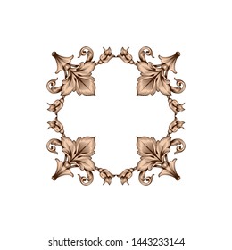 Baroque ornament with filigree in vector format for design frame, pattern. Vintage hand drawn victorian or damask floral element. Black and white engraved ink art.  Template for foil quill.