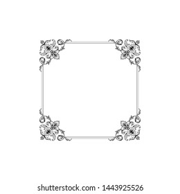 Baroque ornament with filigree in vector format for design frame, pattern. Vintage hand drawn victorian or damask floral element. Black and white engraved ink art. Template for foil quill.