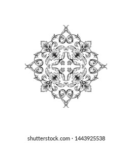 Baroque ornament with filigree in vector format for design frame, pattern. Vintage hand drawn victorian or damask floral element. Black and white engraved ink art. Template for foil quill.